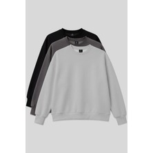 Basic Oversıze O Yaka 3lü Paket Siyah-Koyu Gri- Taş Kadın Sweatshirt - 97053