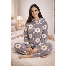 Burcumay Kadın Desenli Kapüşonlu Gri Polar Pijama Takımı