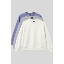 Basic Oversıze O Yaka 3lü Paket Ekru-Taş- Açık Eflatun Kadın Sweatshirt - 97053
