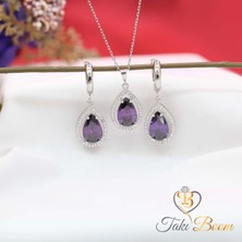 TB Takı Boom Ametist Taşlı Su Damlası Kolye Küpe Seti, Mor Taşlı Şık ve Işıltılı Takı Seti, Kadınlar Için Hediye