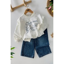 Miniğimin Cicileri Stay Beautiful Taşlı Kot Pantolonlu Kız Çocuk 2 Li Takım - Beyaz
