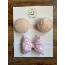 Glory Baby Kız Bebek Fiyonklu & Ponponlu Bandana - Saç Bandı 2'li Set (Handmade)