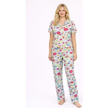 Burcumay Kadın Çok Renkli Donut Desenli Kısa Kollu Yazlık Pijama Takımı