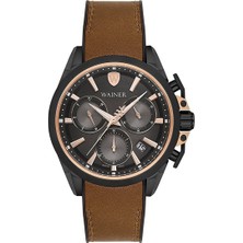 Wainer Erkek Kol Saati Kahverengi Deri Kordon Siyah Kadran 44MM Safir Cam 10 Atm Küçük Saniye