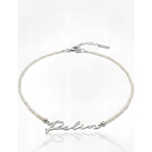 Mavili Gümüş Yeni Trend Yatay Incili Isim Kolye - Gümüş