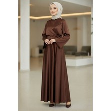 Tesettür Diyarı Midas Çapraz Bağlamalı Ispanyol Kol Saten Tesettür Abiye- Kahverengi