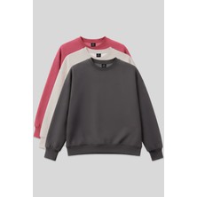 Basic Oversıze O Yaka 3lü Paket Koyu Gri-Bej- Yaban Gülü Kadın Sweatshirt - 97053