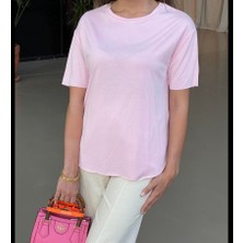 Pembe T-Shirt Pamuklu Kumaş Dokulu