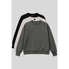 Basic Oversıze O Yaka 3lü Paket Siyah-Haki- Bej Kadın Sweatshirt - 97053