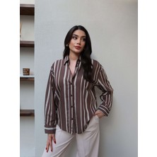 Esra Helvacı Kahve Kalın Çizgili Oversize Gömlek