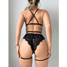 Aria's Closet Siyah Özel Bölgesi Açık Dantel Işlemeli Jartiyer Görünümlü Fantezi Body