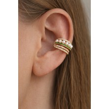 Sacce Scarves & Accessories Incili & Yeşil Zirkon Taşlı 14K Gold Rodyum Kaplama Çelik Earcuff – Deliksiz Kıkırdak Küpesi