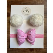 Glory Baby Kız Bebek Fiyonklu & Ponponlu Bandana - Saç Bandı 2'li Set (Handmade)