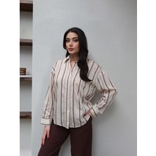 Esra Helvacı Krem Kalın Çizgili Oversize Gömlek