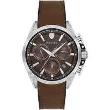 Wainer Erkek Kol Saati Kahverengi Deri Kordon Kahverengi Kadran 44MM Safir Cam 10 Atm Küçük Saniye Gümüş Kasa