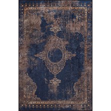 Aren Halı Borger Klasik Göbekli Lacivert Polyester ve Pamuklu Kaydırmaz Tabanlı Yıkanabilir Dijital Baskı