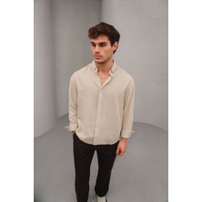 Bürke Yazlık Keten Dokulu Uzun Kollu Krem/bej Yarım Oversize Erkek Gömlek