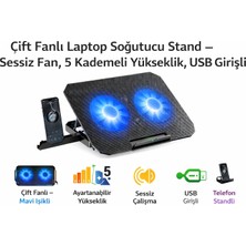 Qasul Çift Fanlı Laptop Soğutucu Stand – Sessiz Fan, 5 Kademeli Yükseklik, USB Girişli Telefon Standlı