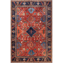 Ubon Çerçeveli Kırmızı Polyester ve Pamuklu Kaydırmaz Tabanlı Yıkanabilir Dijital Baskı Hal