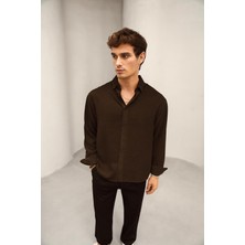 Bürke Yazlık Keten Dokulu Uzun Kollu Kahverengi Yarım Oversize Erkek Gömlek