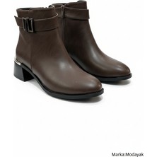 Modayak Florin Acı Kahve Fermuarlı Siyah Tokalı Taşlı Topuklu Yarım Bot