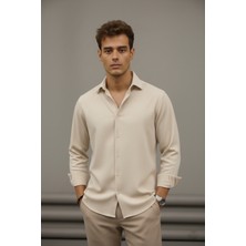 Bürke Sofya Keten Krem Yarım Oversize Erkek Gömlek