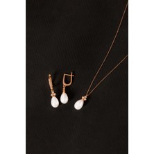 By More 925 Ayar Gümüş Zirkon Taşlı Tria Damla Inci Set - Rose Altın Kaplama