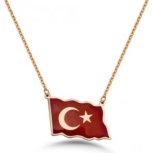 Mavili Gümüş Türk Bayrağı Mineli Gümüş Kolye - Altın