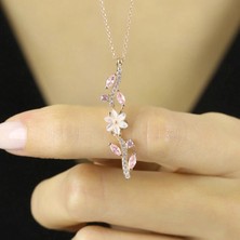 Mavili Gümüş Pink Taşlı Manolya Çiçeği Zarafet Bağı Flowers Gümüş Kolye - Altın