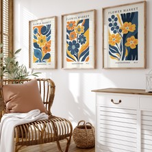 Pam Studio Çiçek Desenli 3’lü Tablo Seti – Sarı, Turuncu ve Lacivert Modern Flower Market Poster