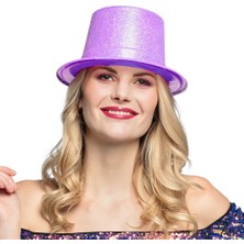 Popüler Sepet Floresan Mor Renk Simli Uzun Fötr Melon Şapka 12 cm