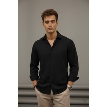 Bürke Sofya Keten Siyah Yarım Oversize Erkek Gömlek