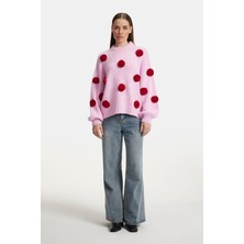 Shemall Luxury Kadın El Örgüsü Çiçek Detaylı Oversize Kazak