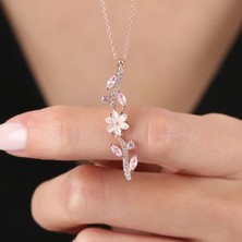 Mavili Gümüş Pink Taşlı Manolya Çiçeği Zarafet Bağı Flowers Gümüş Kolye - Rose