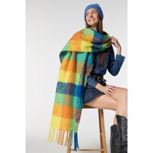 Kokoş Kare Desenli Renkli Safran Buklet Kalın Puf Şal