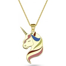 Mavili Gümüş Unicorn Kolye - Altın