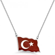 Mavili Gümüş Türk Bayrağı Mineli Gümüş Kolye - Gümüş