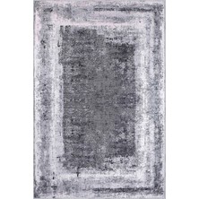 Aren Halı Jalore Çerçeveli Gri Polyester ve Pamuklu Kaydırmaz Tabanlı Yıkanabilir Dijital Baskı Halısı