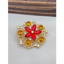 Luseda Ithal Kırmızı & Amber Taşlı Çiçek Formlu Zarif Broş