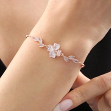 Mavili Gümüş Pırlanta Montür Işıltılı Kalp Yonca Form Gümüş Bileklik - Altın