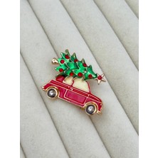 Luseda Kırmızı Araba & Yılbaşı Ağacı Temalı Mine Işlemeli Broş