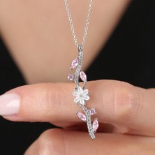 Mavili Gümüş Pink Taşlı Manolya Çiçeği Zarafet Bağı Flowers Gümüş Kolye - Gümüş