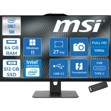 MSI Msı Modern AM272P Intel Core 7 150U 5.4ghz 64GB Ddr5 512GB SSD Windows 11 Pro Intel Graphics 27 Inç Fullhd (1920X1080) IPS 300NITS All In One Bilgisayar 1M1205XTRP27 + Zetta Flash Bellek