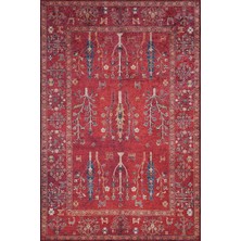 Bisira Çerçeveli Etnik Kırmızı Polyester ve Pamuklu Kaydırmaz Tabanlı Yıkanabilir Dijital Ba