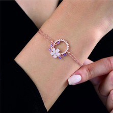 Mavili Gümüş Pırlanta Montür Ametist Tacı Rose Renk Flowers Gümüş Bileklik - Altın