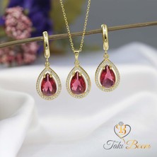 TB Takı Boom Kırmızı Damla Kolye ve Küpe Seti, Parlak Zirkon Taşlı Takı Seti, Aşkın Zerafeti, Altın Kaplama Gümüş