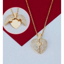 Mavili Gümüş Açılan Kalp Taşlı Gümüş  Kolye - Altın