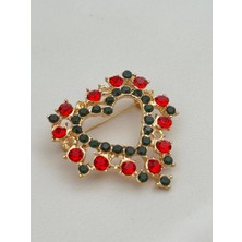 Luseda İthal Kırmızı & Yeşil Taşlı Kalp Formlu Zarif Broş