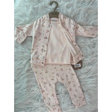 O Baby Somon Renkli Çiçek Desenli Kapüşonlu Alt Üst Takım 3’lü