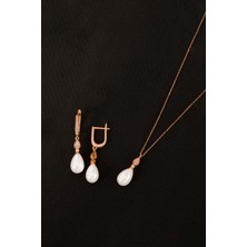 By More 925 Ayar Gümüş Zirkon Taşlı Damla Modeli Inci Set - Rose Altın Kaplama